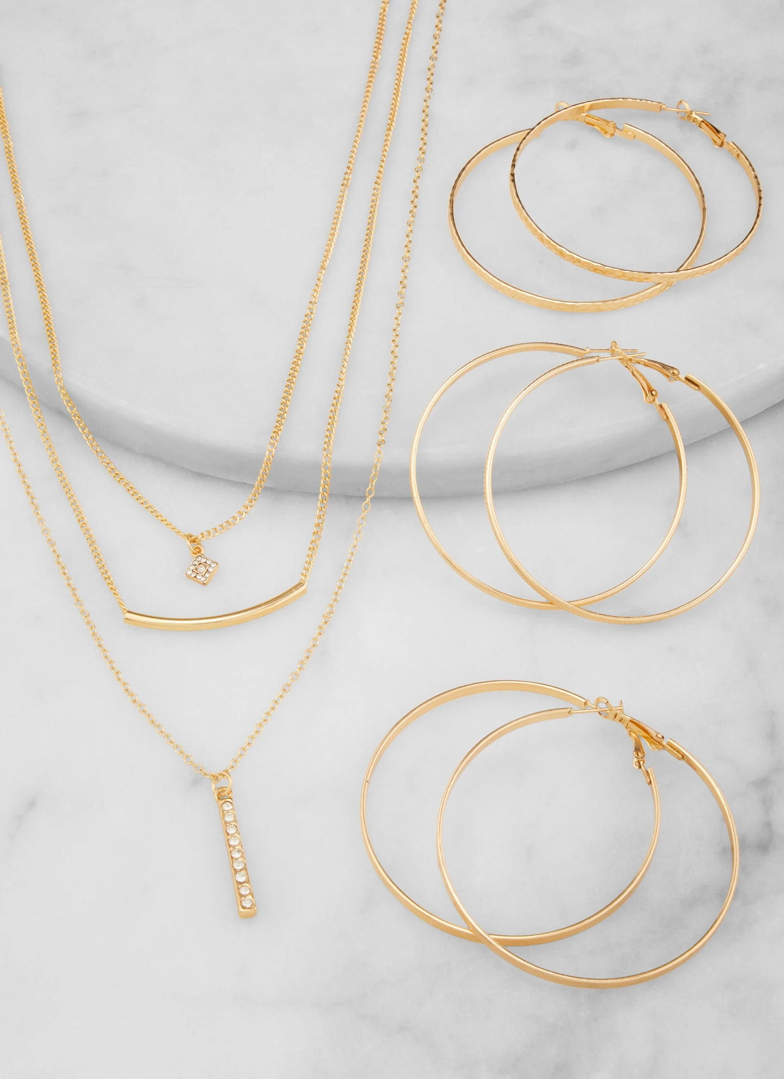 Rhinestone Layered Necklace With Hoop Earrings - Image 2