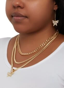 Butterfly Curb Chain Layered Necklace And Drop Earrings