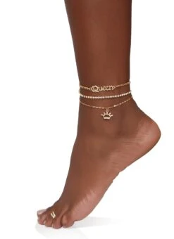 Rhinestone Queen Chain Anklet Trio With Toe Ring