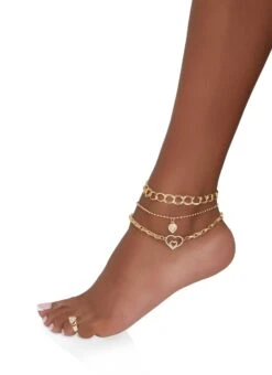 Rhinestone Heart Anklet Trio And Toe Ring