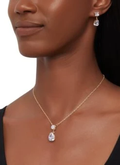 Cubic Zirconia Teardrop Pendant Necklace And Drop Earrings