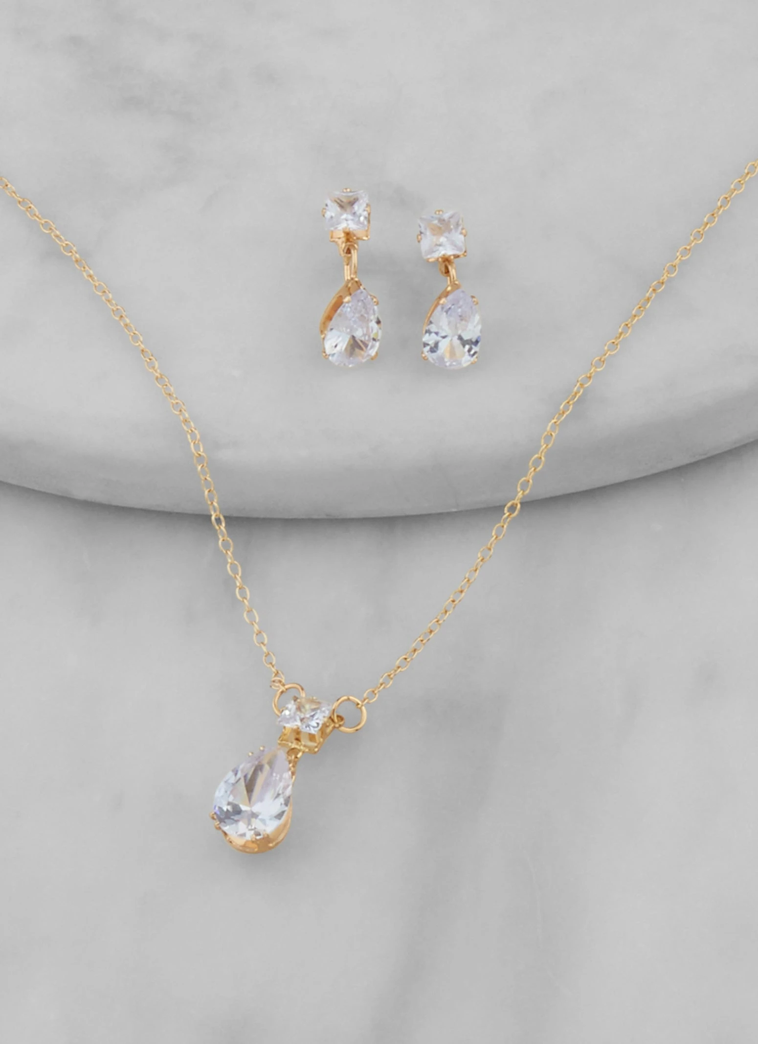 Cubic Zirconia Teardrop Pendant Necklace And Drop Earrings - Image 2