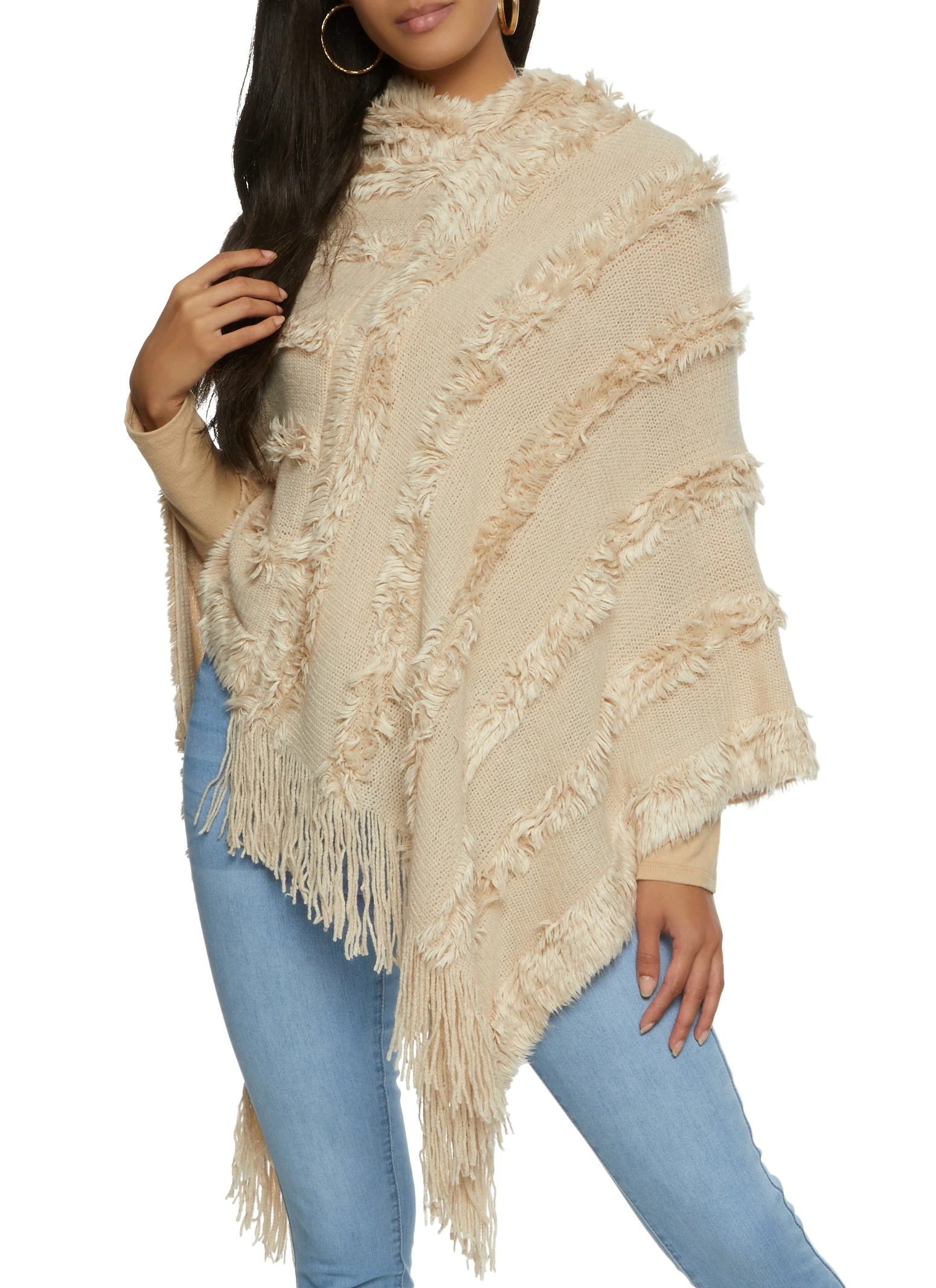 Faux Fur Fringe Hem Asymmetrical Poncho - Image 3