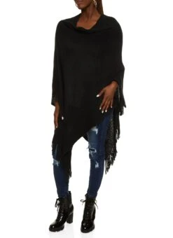 Solid Fringe Hem Asymmetrical Poncho