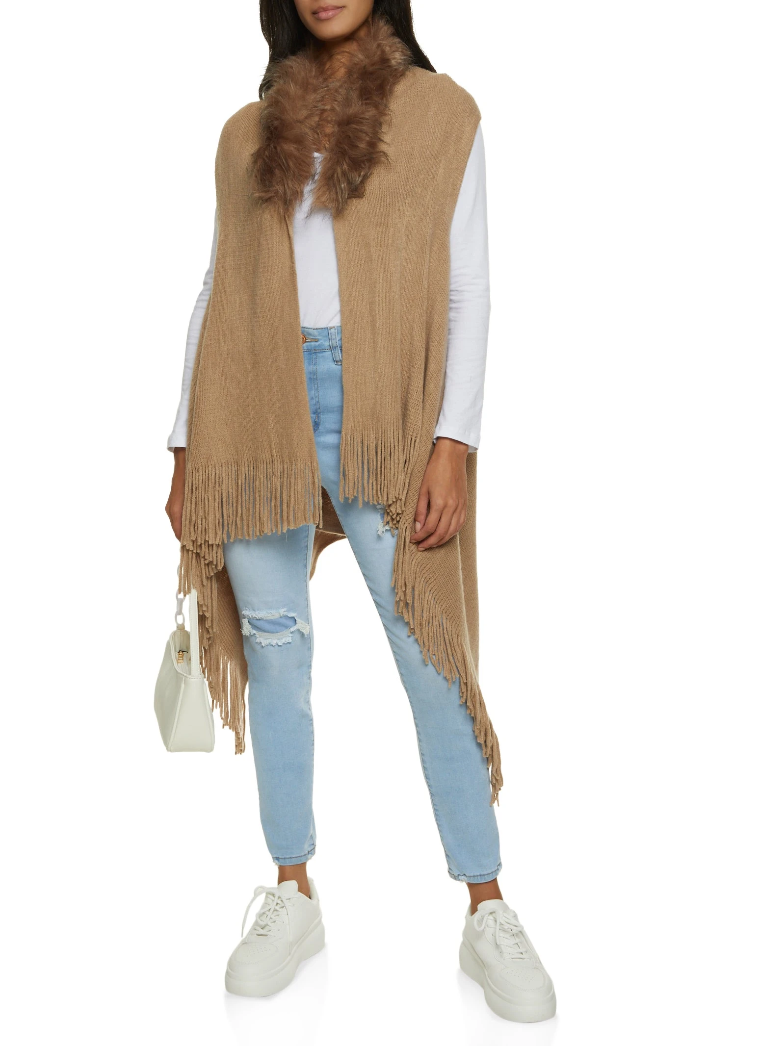 Faux Fur Collar Fringe Knit Vest