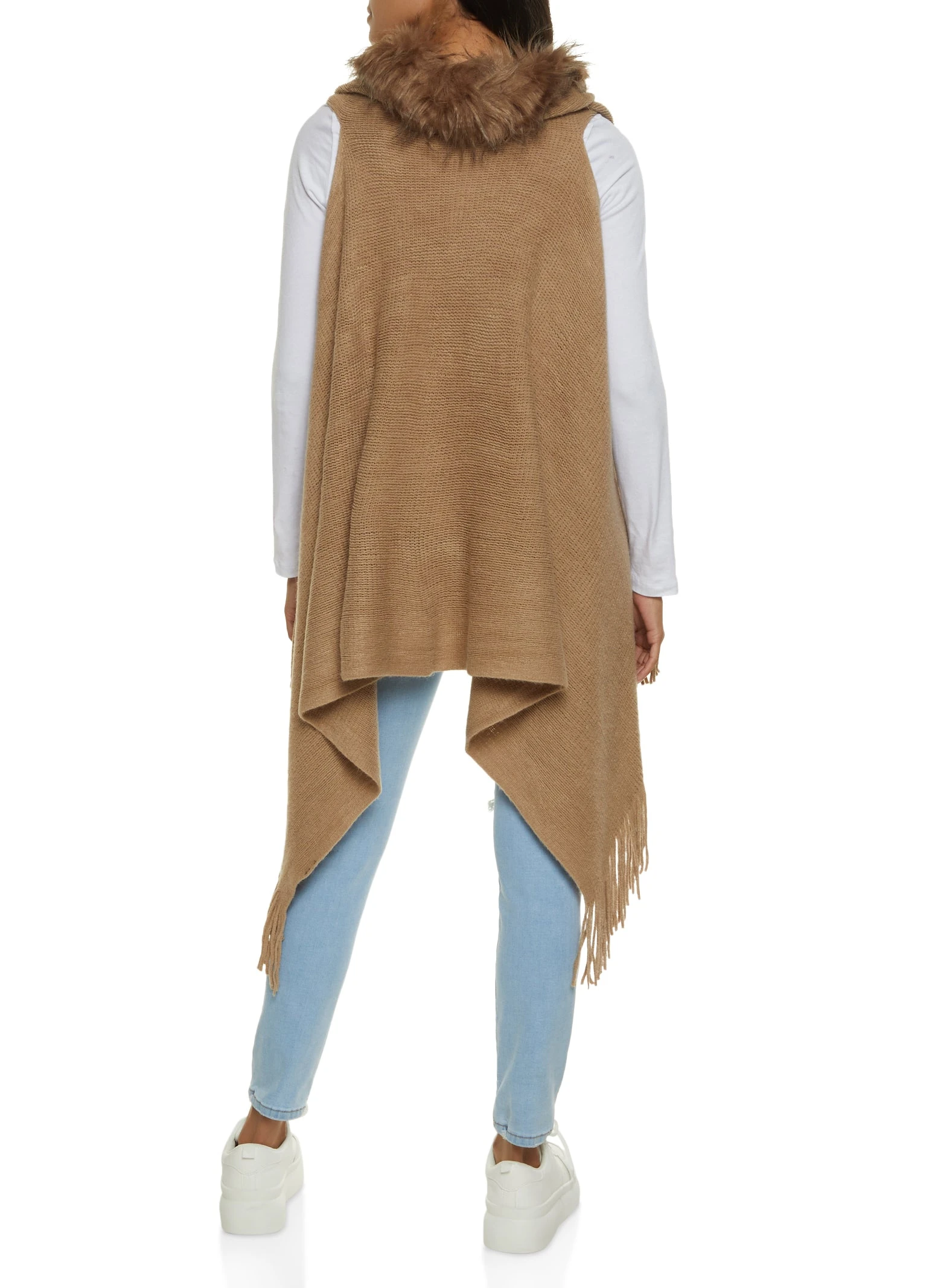 Faux Fur Collar Fringe Knit Vest - Image 2