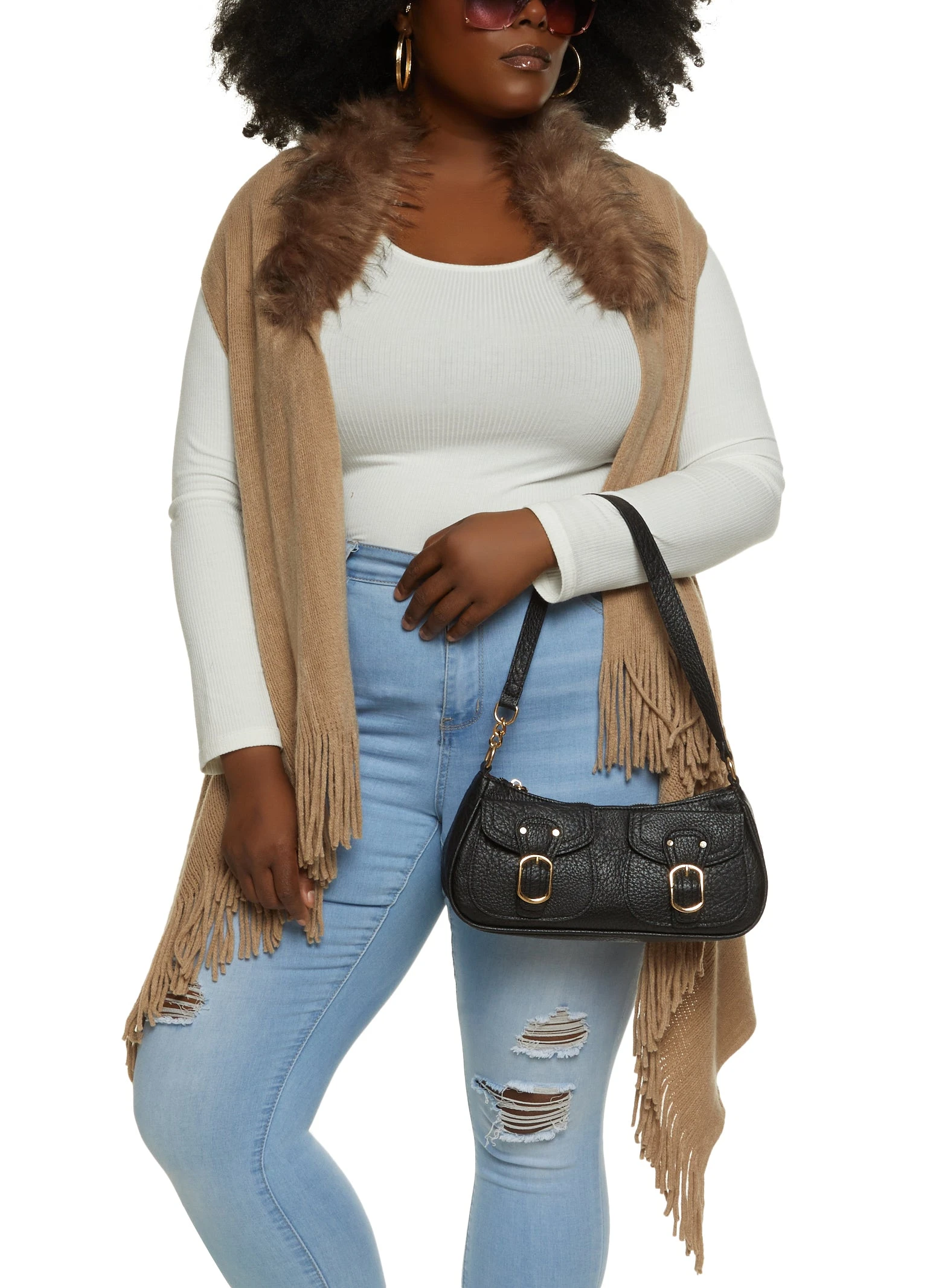 Faux Fur Collar Fringe Knit Vest - Image 3