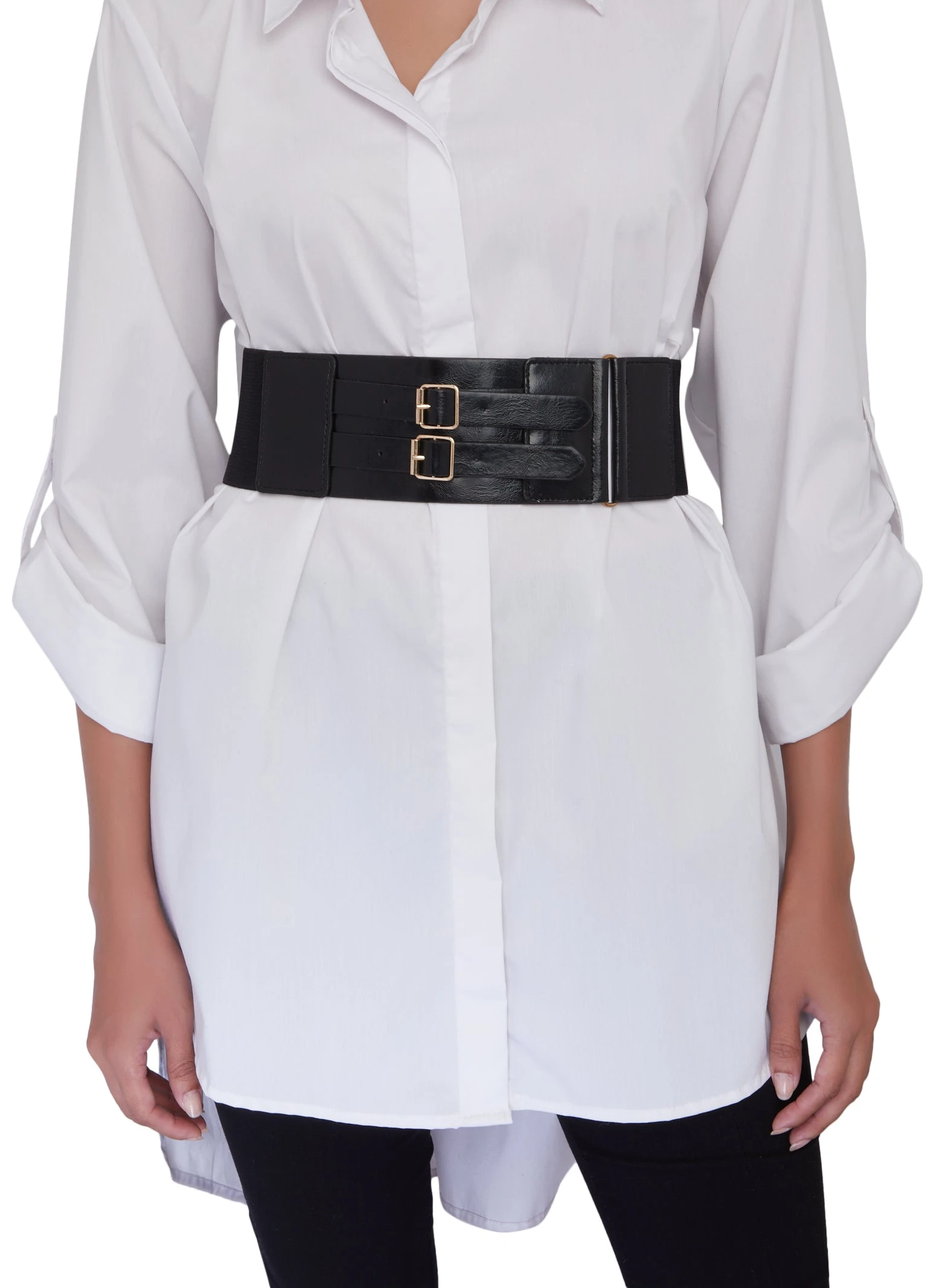 Faux Leather Double Buckle Stretch Belt