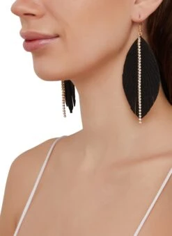 Leaf Rhinestone Fringe Detail Drop Earrings