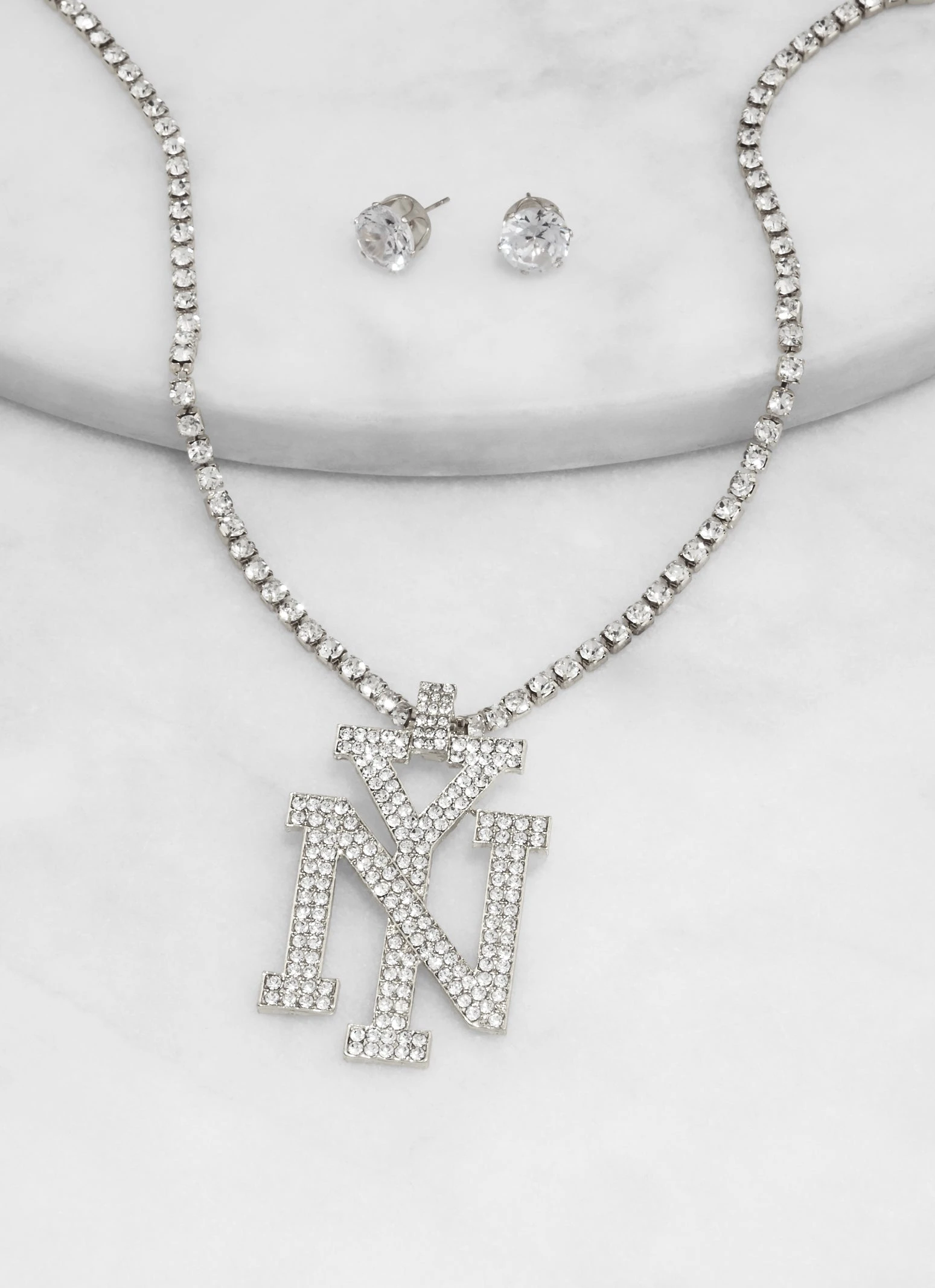 NY Rhinestone Tennis Necklace And Stud Earrings Set - Image 2