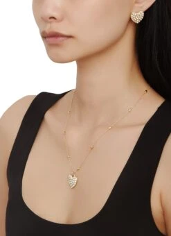 Pave Rhinestone Heart Necklace And Stud Earrings