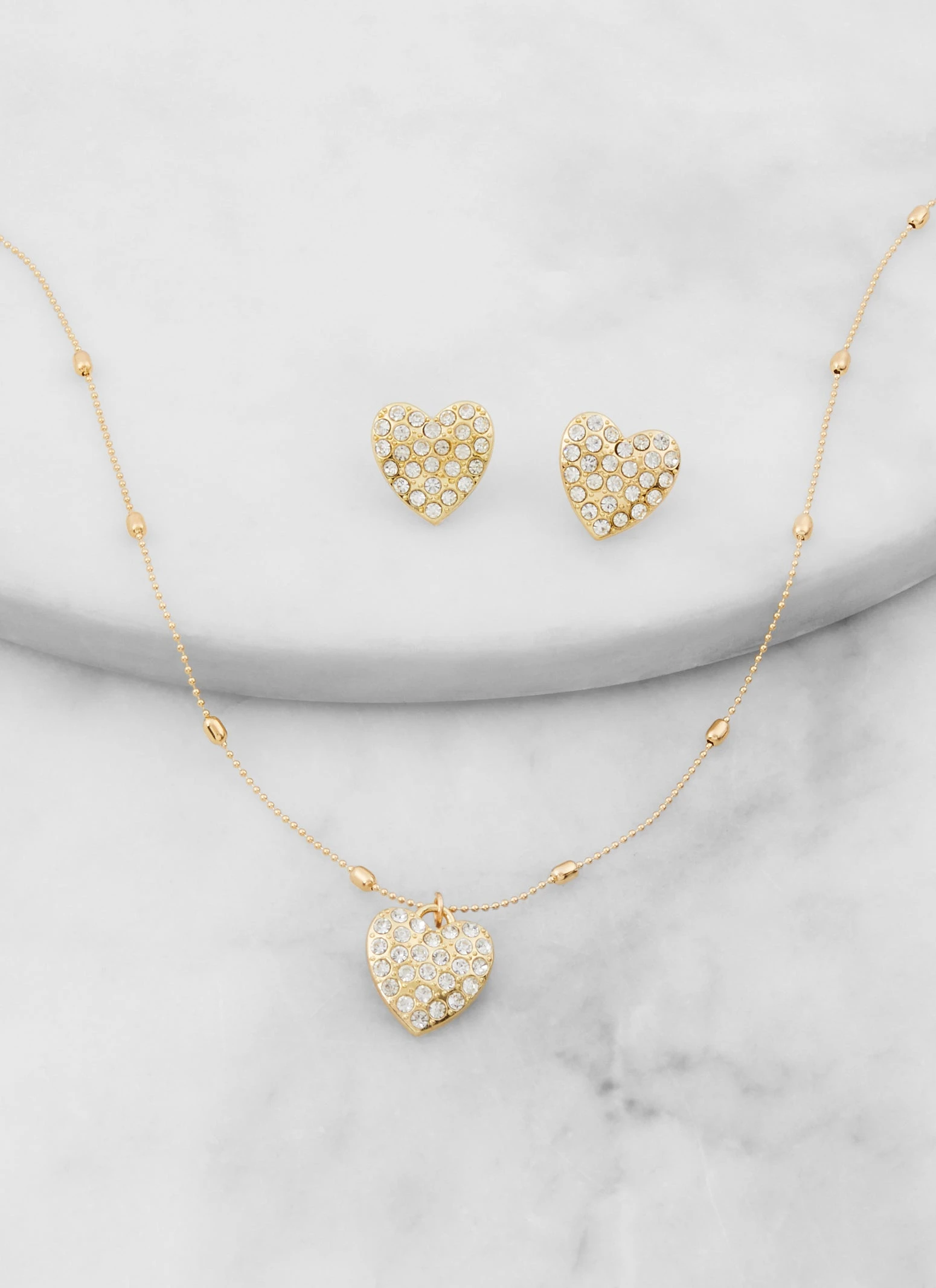 Pave Rhinestone Heart Necklace And Stud Earrings - Image 2