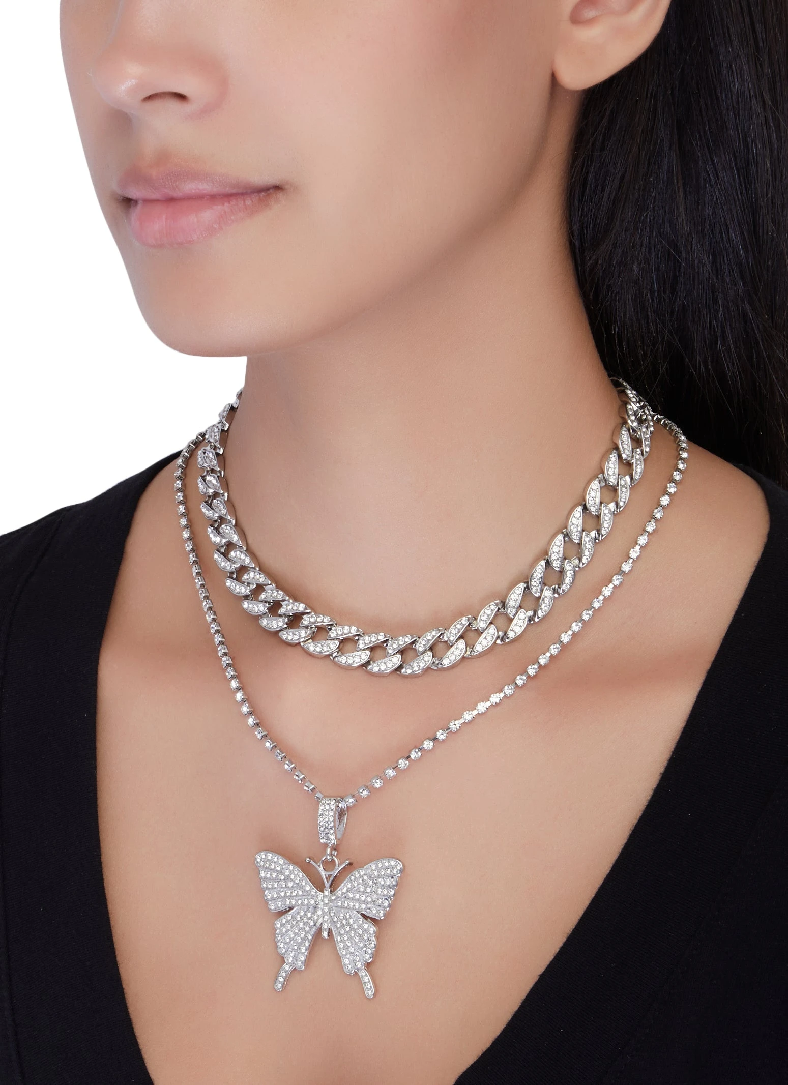 Cubic Zirconia Butterfly Curb Chain Necklace