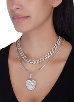 Cubic Zirconia Curb Chain Heart Necklace Set