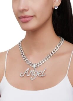 Angel Rhinestone Cuban Link Necklace And Earrings