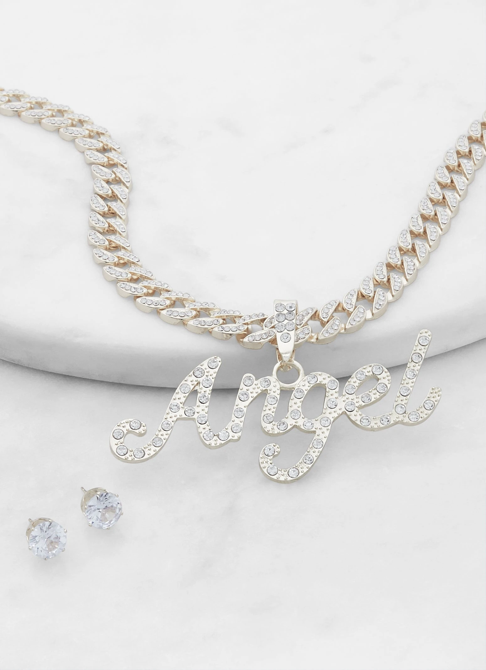 Angel Rhinestone Cuban Link Necklace And Earrings - Image 2