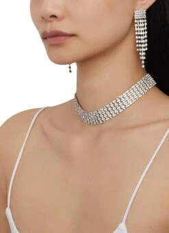 Rhinestone Choker Necklace And Fringe Tassel Earrings Set