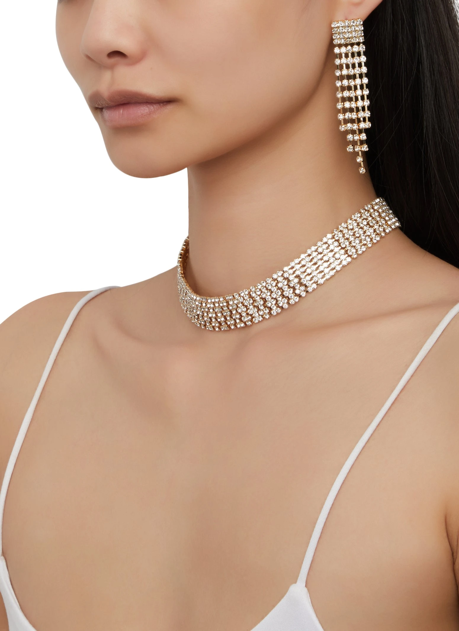 Rhinestone Choker Necklace And Fringe Tassel Earrings Set