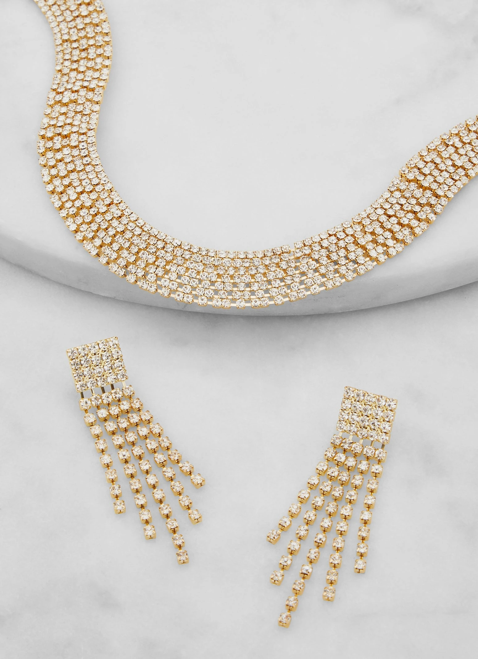 Rhinestone Choker Necklace And Fringe Tassel Earrings Set - Image 2