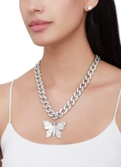Rhinestone Butterfly Cuban Link Necklace And Earrings