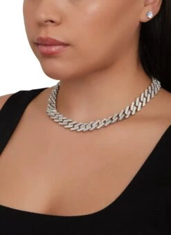 Rhinestone Cuban Link Chain Necklace And Stud Earrings