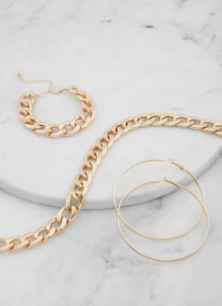 Curb Chain Necklace With Bracelet And Hoop Earrings