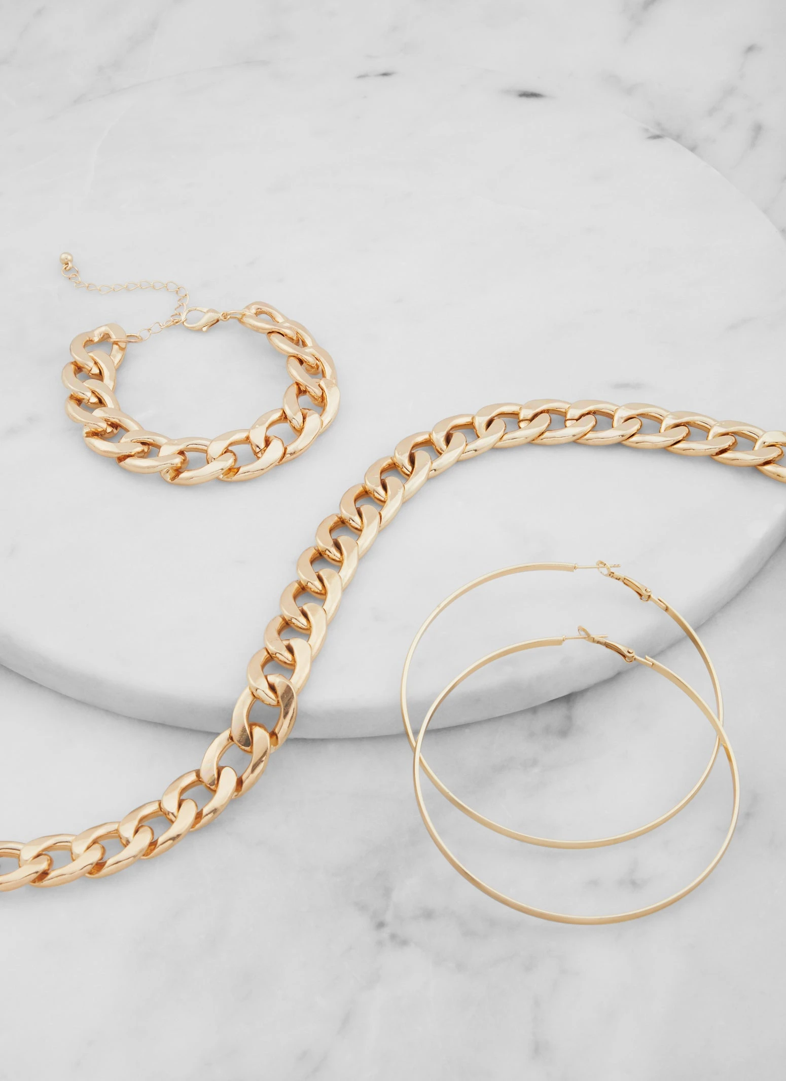 Curb Chain Necklace With Bracelet And Hoop Earrings