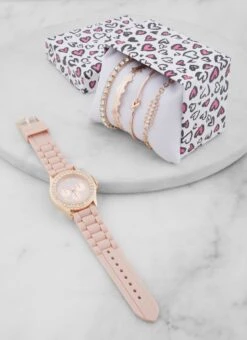 Rhinestone Analog Watch With Bracelets Set