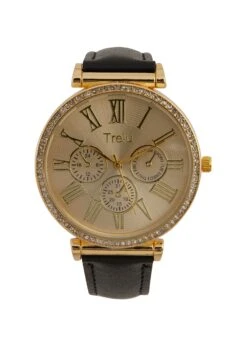 Faux Leather Rhinestone Trim Analog Watch