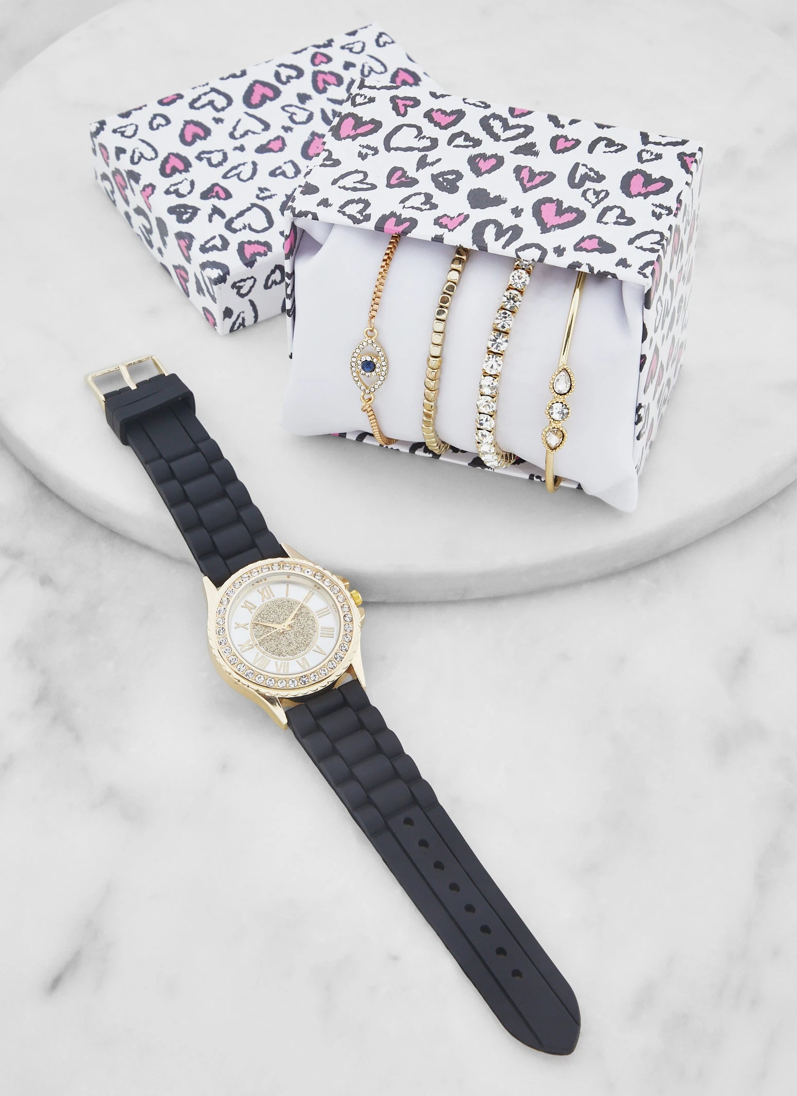 Rhinestone Glitter Analog Watch And Assorted Stretch Bracelets Set