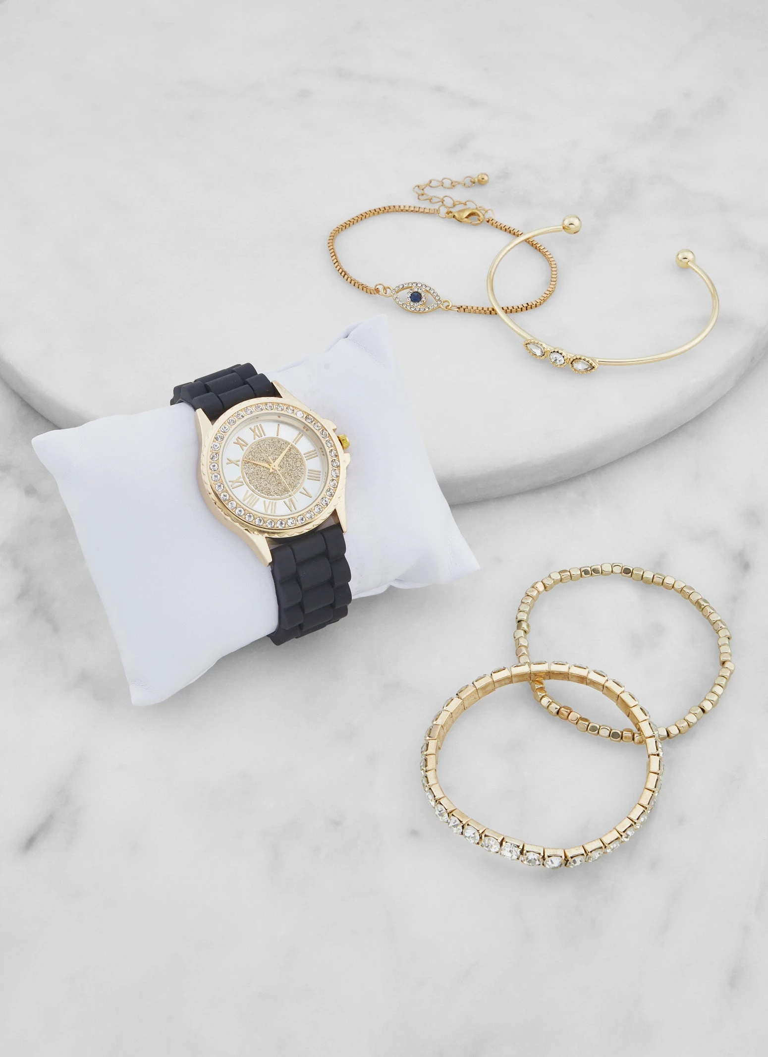 Rhinestone Glitter Analog Watch And Assorted Stretch Bracelets Set - Image 2