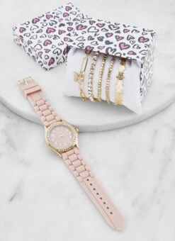 Rhinestone Trim Watch And Assorted Stretch Bracelets Set