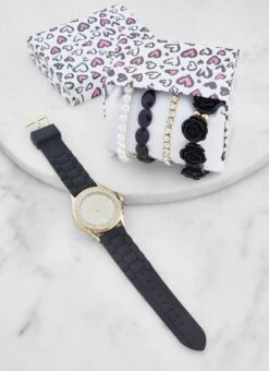 Rhinestone Trim Analog Watch And Beaded Stretch Bracelets