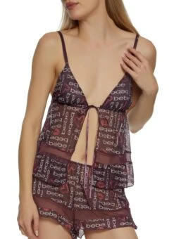 Bebe Lip Heart Open Front Babydoll And Shorts
