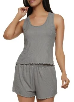 Ribbed Lettuce Edge Pajama Tank Top And Shorts