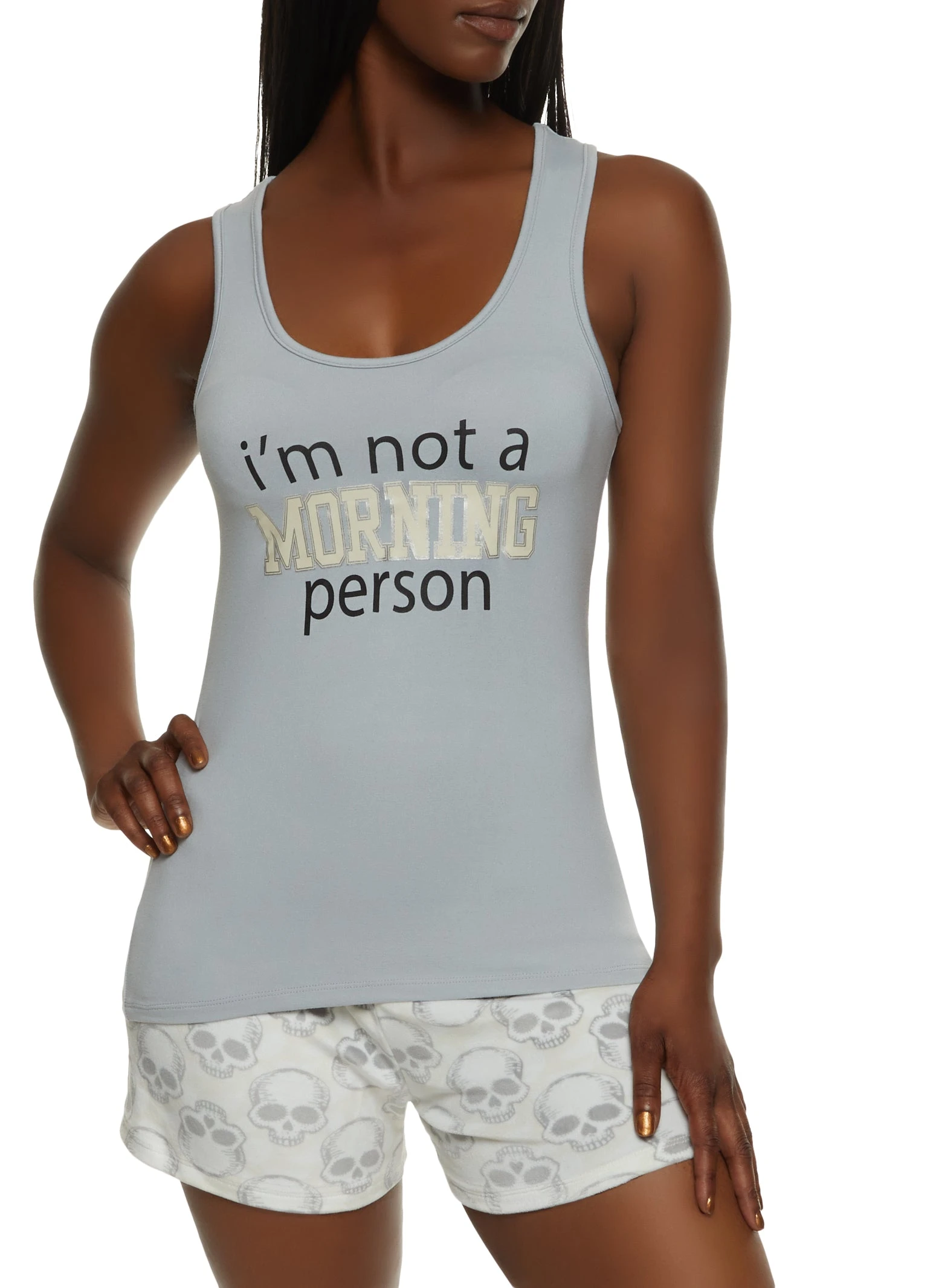 Foil Not A Morning Person Graphic Pajama Tank Top And Shorts