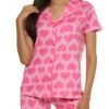 Heart Patterned Notch Collar Pajama Shirt And Shorts Set