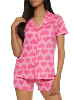 Heart Patterned Notch Collar Pajama Shirt And Shorts Set