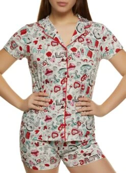 Teacup Print Pajama Shirt And Shorts