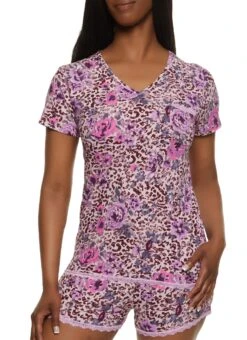 Animal Floral Print Pajama Top And Shorts