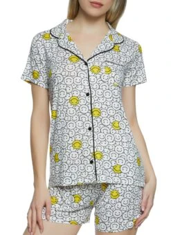 Smiley Print Pajama Shirt And Shorts