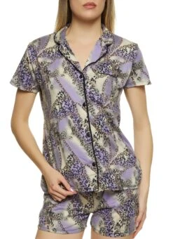 Mixed Print Pajama Shirt And Shorts