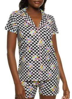 Checkered Flower Print Pajama Shirt And Shorts