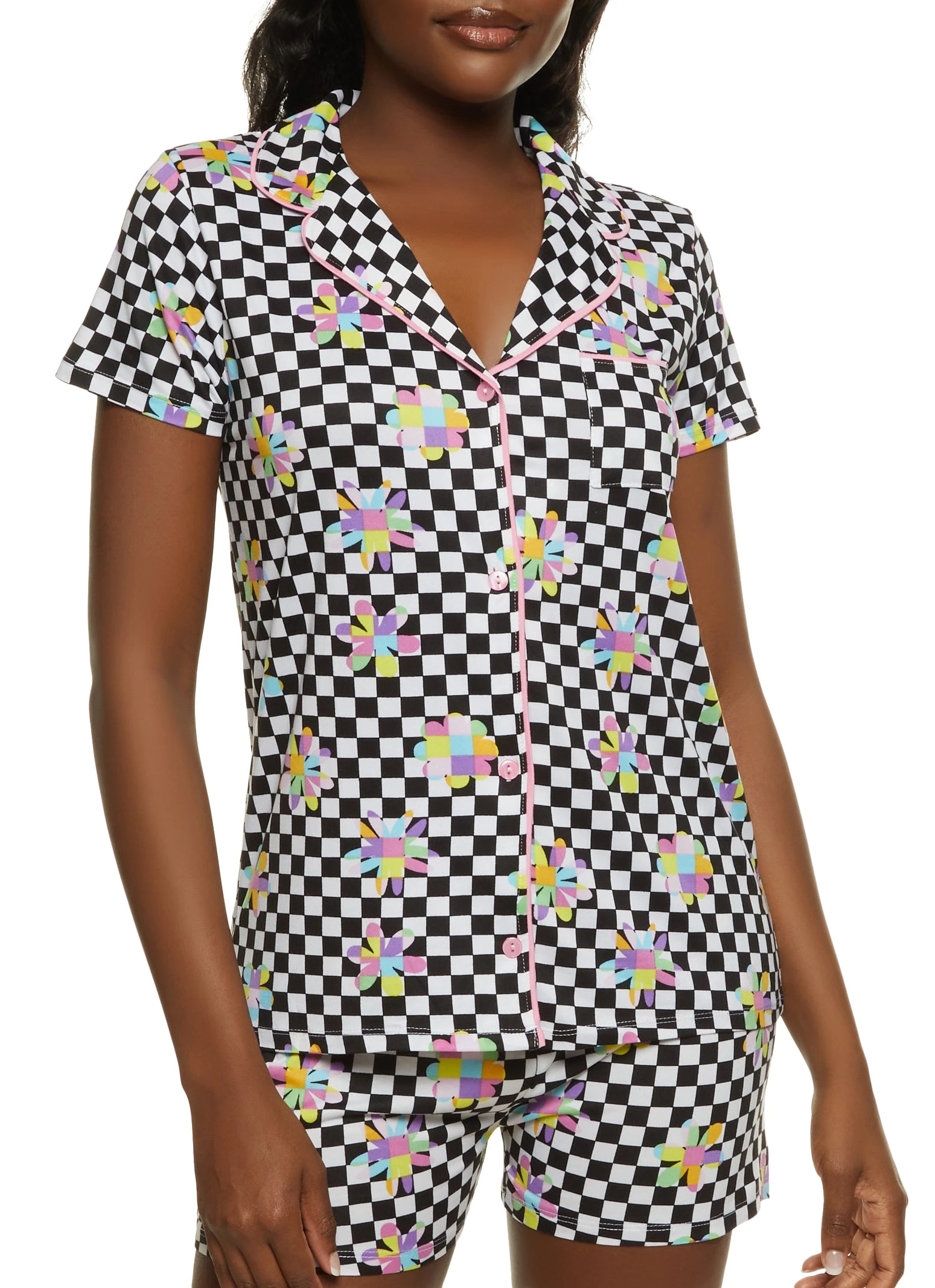 Checkered Flower Print Pajama Shirt And Shorts