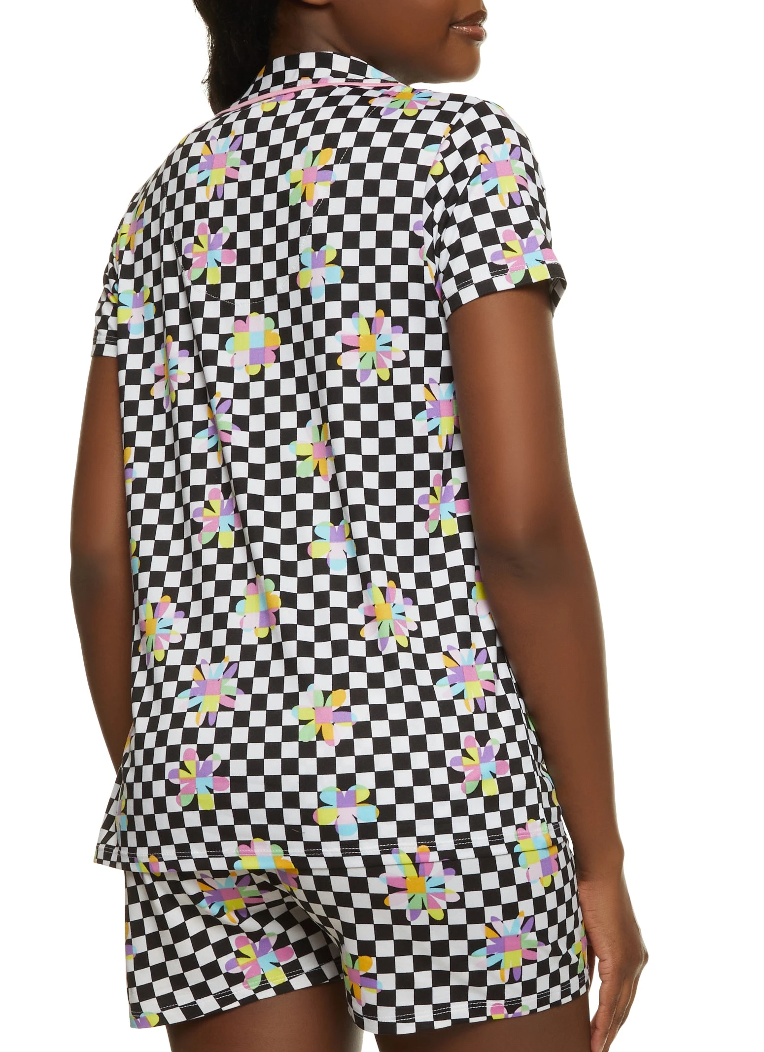 Checkered Flower Print Pajama Shirt And Shorts - Image 2
