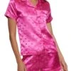 Satin Heart Print Notch Collar Pajama Shirt And Shorts