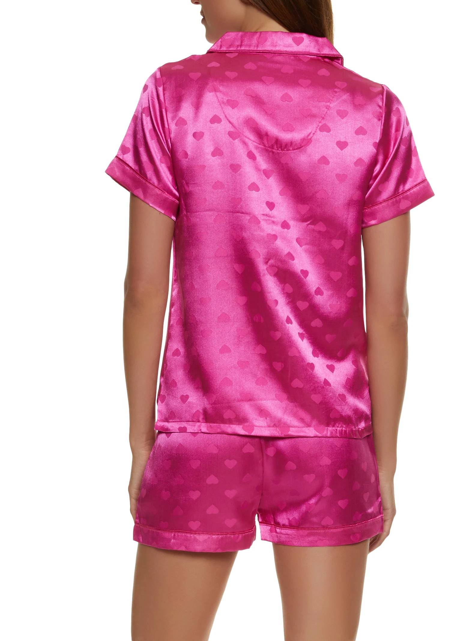 Satin Heart Print Notch Collar Pajama Shirt And Shorts - Image 2