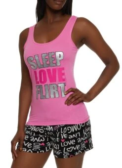 Sleep Love Flirt Foil Screen Graphic Pajama Tank And Shorts