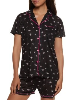 Floral Detail Notch Collar Pajama Shirt And Shorts