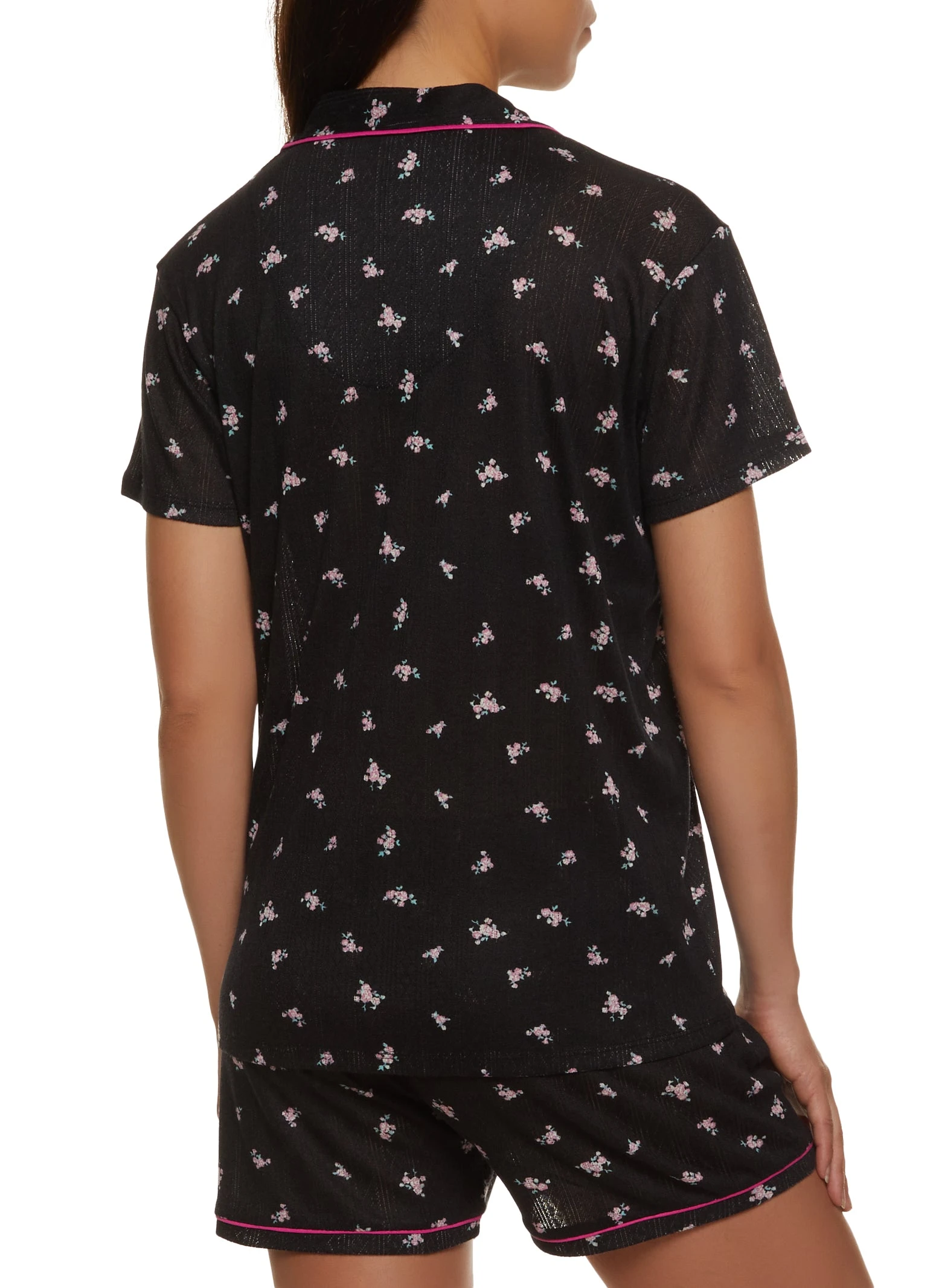 Floral Detail Notch Collar Pajama Shirt And Shorts - Image 2